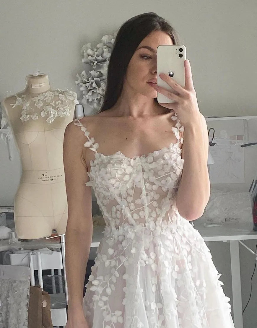 A-Linie Spaghettiträger Tüll Brautkleid mit Applikationen 