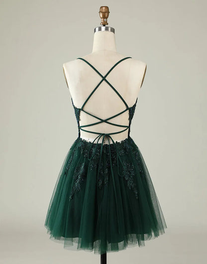 A-Line Spaghetti Straps Appliques Corset Back Tulle Homecoming Dresses