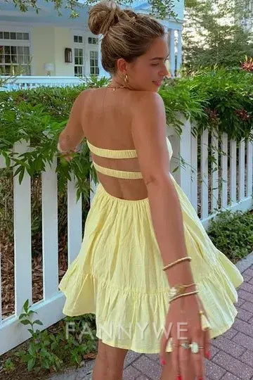 FannyWe Simple A-Line Strapless Empire-Waist V-Neck Pleated Satin Short Homecoming Dress formal wear dresses