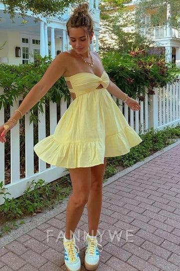 FannyWe Simple A-Line Strapless Empire-Waist V-Neck Pleated Satin Short Homecoming Dress formal wear dresses
