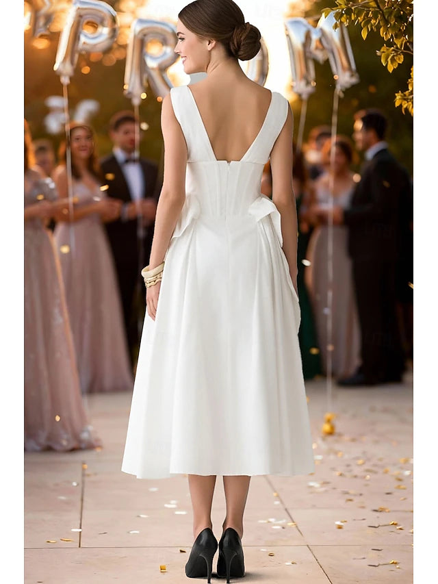 A-Line Tea Length Graduation Dress Prom Dress Party Dress Wedding Dresses Bridal Shower Dresses Bridal Gown Elegant Vintage Little White Dresses Sleeveless V Neck Formal Birthday Satin with Bow(s)