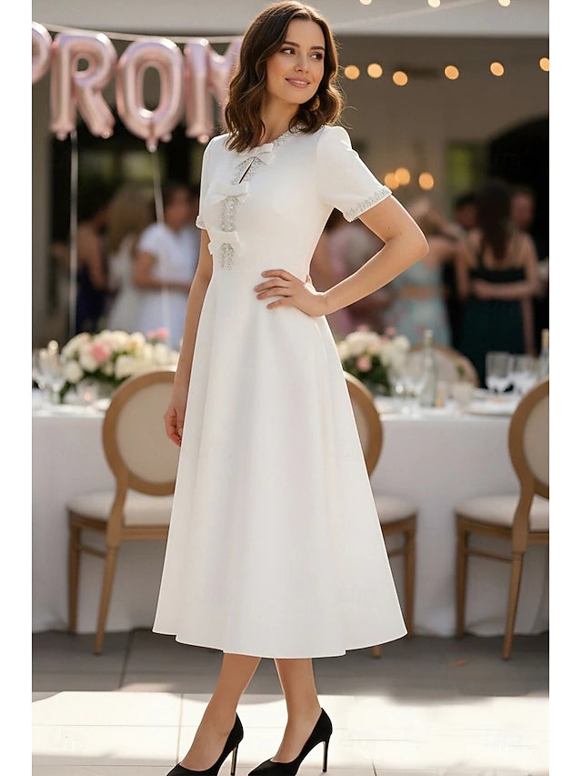 A-Line Tea Length Prom Dress Party Dress Cocktail Dress Wedding Dresses Bridal Shower Dresses Bridal Gown Elegant Vintage Little White Dresses Short Sleeve Crew Neck Formal Graduation Stretch Crepe