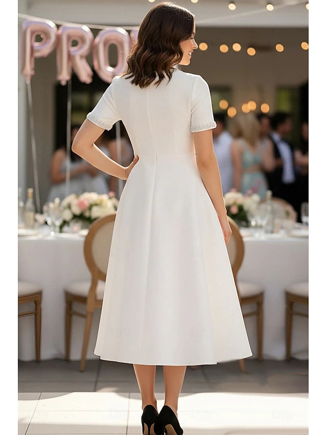 A-Line Tea Length Prom Dress Party Dress Cocktail Dress Wedding Dresses Bridal Shower Dresses Bridal Gown Elegant Vintage Little White Dresses Short Sleeve Crew Neck Formal Graduation Stretch Crepe