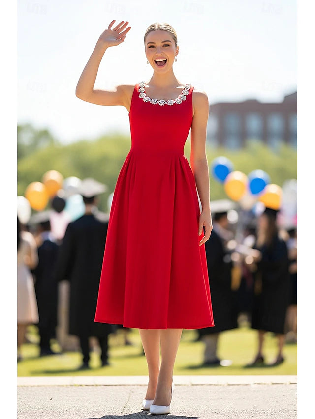 A-Line Tea Length Prom Dresses Elegant Party Sleeveless Scoop Neck Formal Homecoming Pocket Stretch Crepe with Beading
