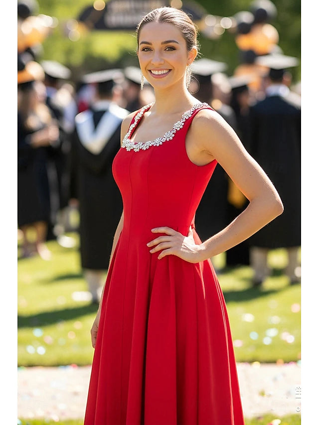 A-Line Tea Length Prom Dresses Elegant Party Sleeveless Scoop Neck Formal Homecoming Pocket Stretch Crepe with Beading