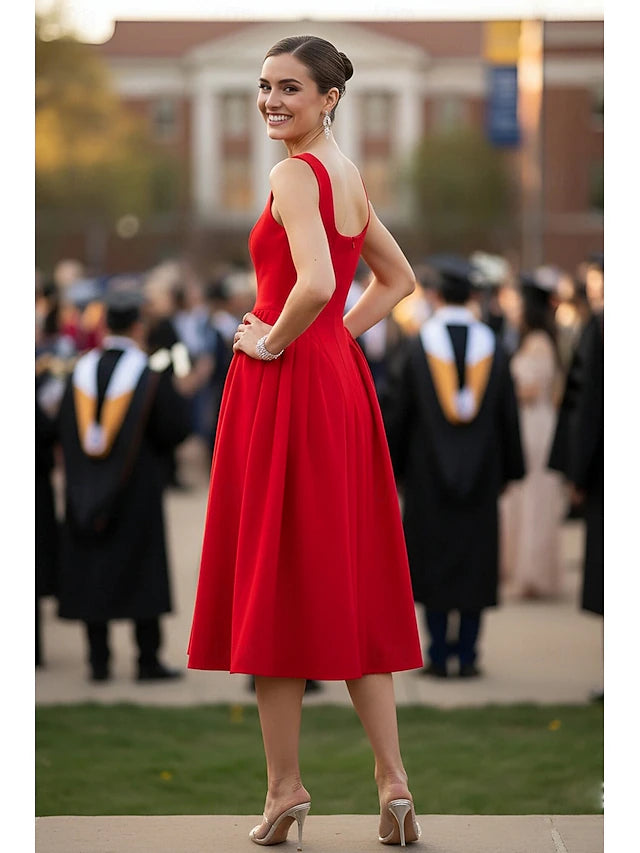 A-Line Tea Length Prom Dresses Elegant Party Sleeveless Scoop Neck Formal Homecoming Pocket Stretch Crepe with Beading