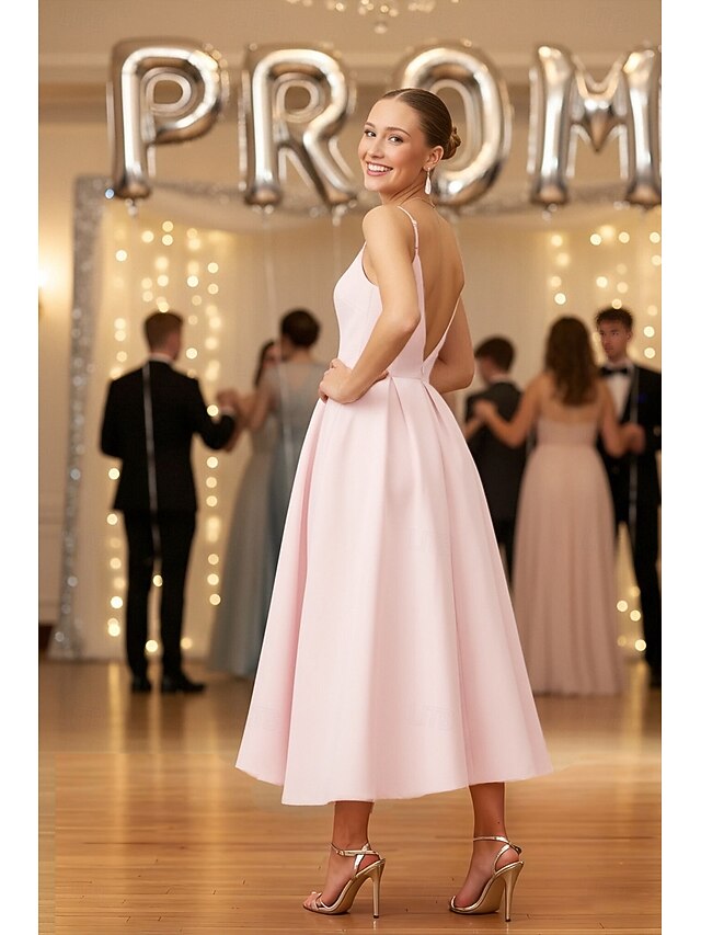 A-Line Tea Length Satin Dress Cocktail Dress Holiday Dress Prom Dresses Elegant Sleeveless V Neck Prom Garden Party Pink Dress Satin with Pleats