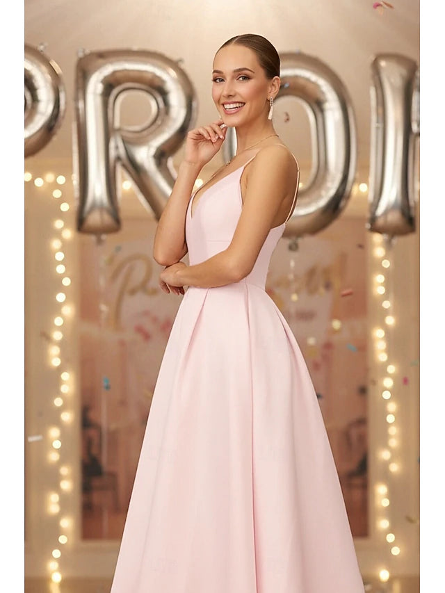 A-Line Tea Length Satin Dress Cocktail Dress Holiday Dress Prom Dresses Elegant Sleeveless V Neck Prom Garden Party Pink Dress Satin with Pleats