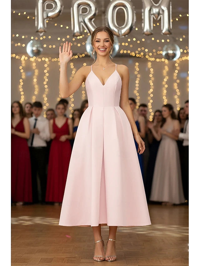 A-Line Tea Length Satin Dress Cocktail Dress Holiday Dress Prom Dresses Elegant Sleeveless V Neck Prom Garden Party Pink Dress Satin with Pleats