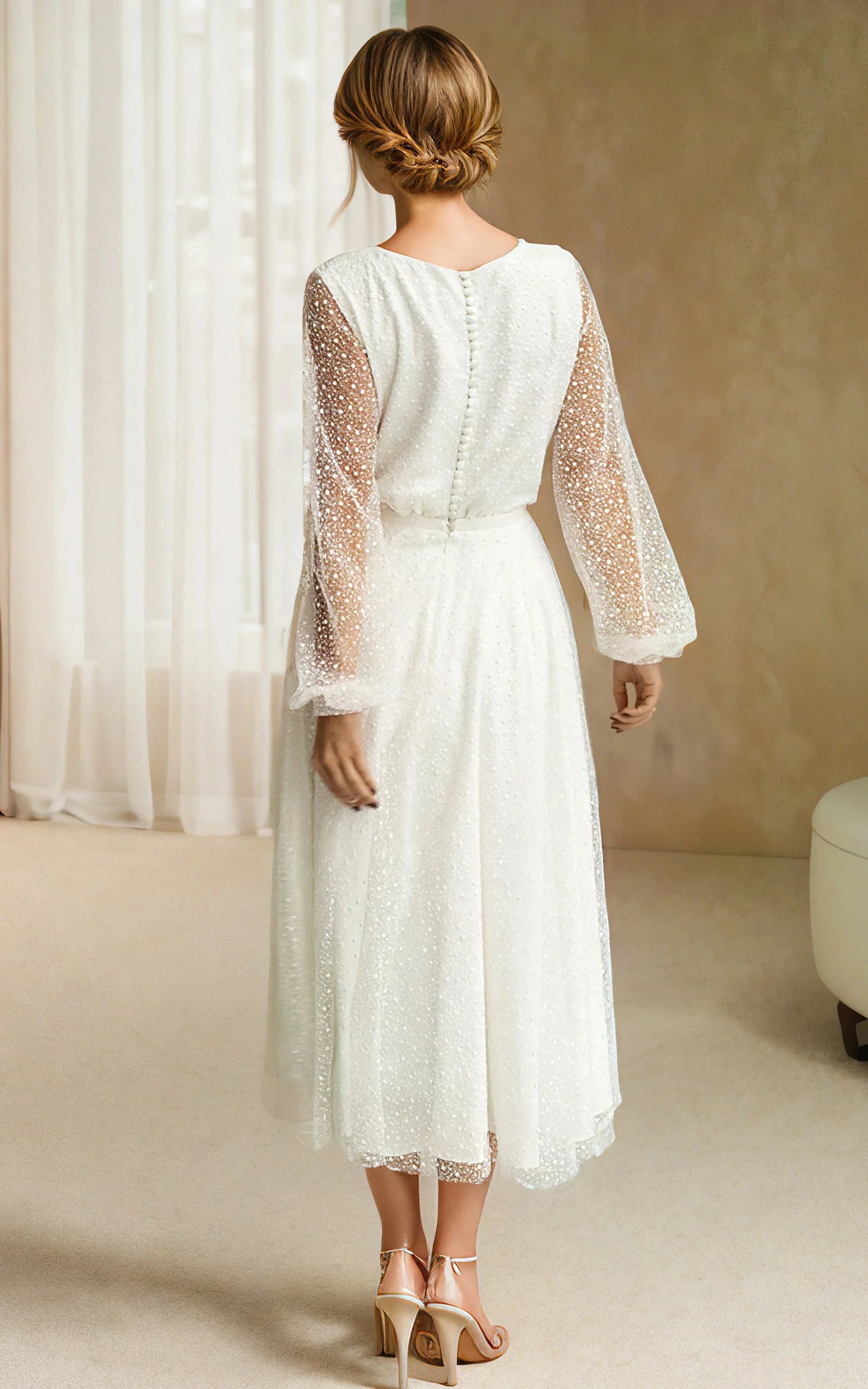 A-Linie Tüll knielang Langarm Brautkleid