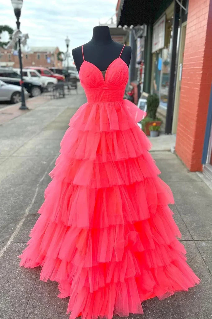 A-line Layers Plunging V Neck Long Prom Dress