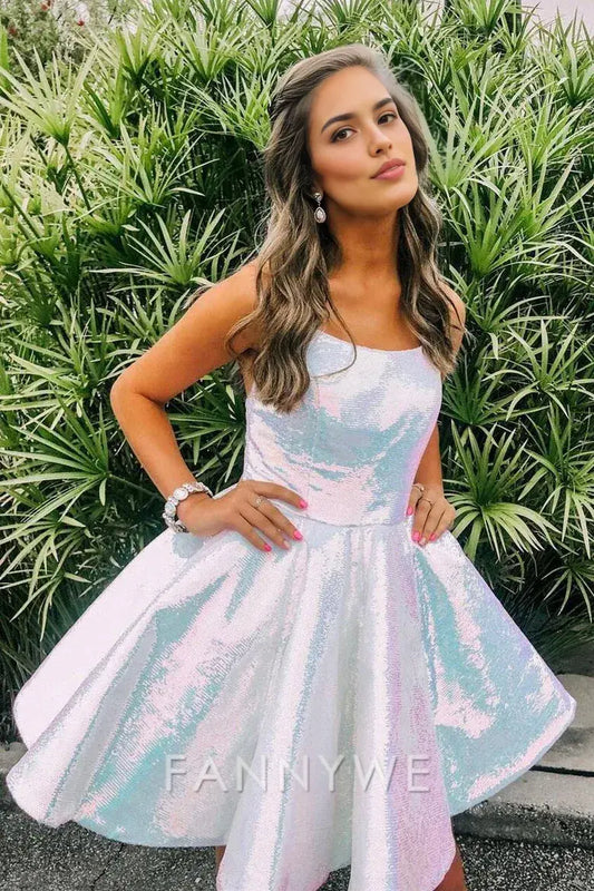 FannyWe Simple A-line Shiny White Sequins Short Homecoming Dress formal wear dresses