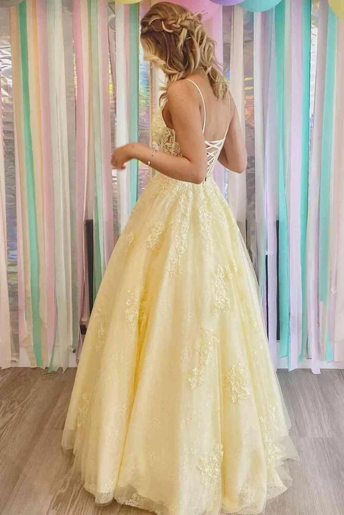 A-Linie V-Ausschnitt Applikationen Gelb Langes Ballkleid Abendkleid