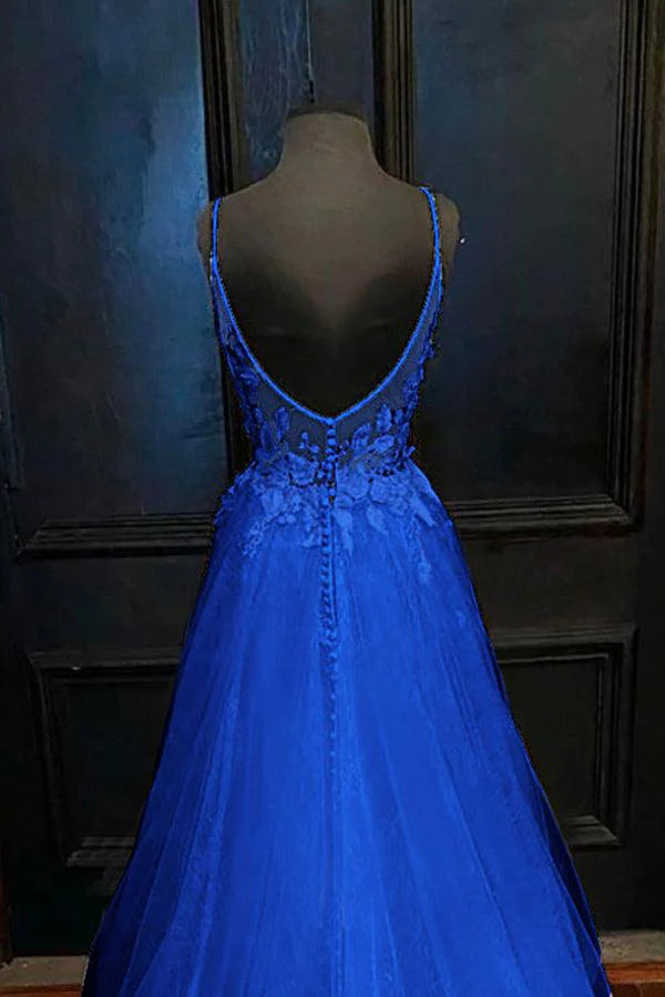 A-line V Neck Straps Tulle Appliques Prom Dress