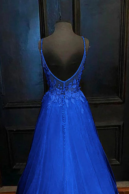 A-Linien-Ballkleid mit V-Ausschnitt, Trägern und Tüllapplikationen