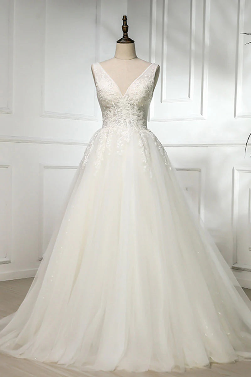 V neck lace tulle long prom dress