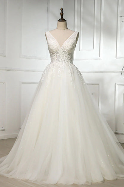 V neck lace tulle long prom dress