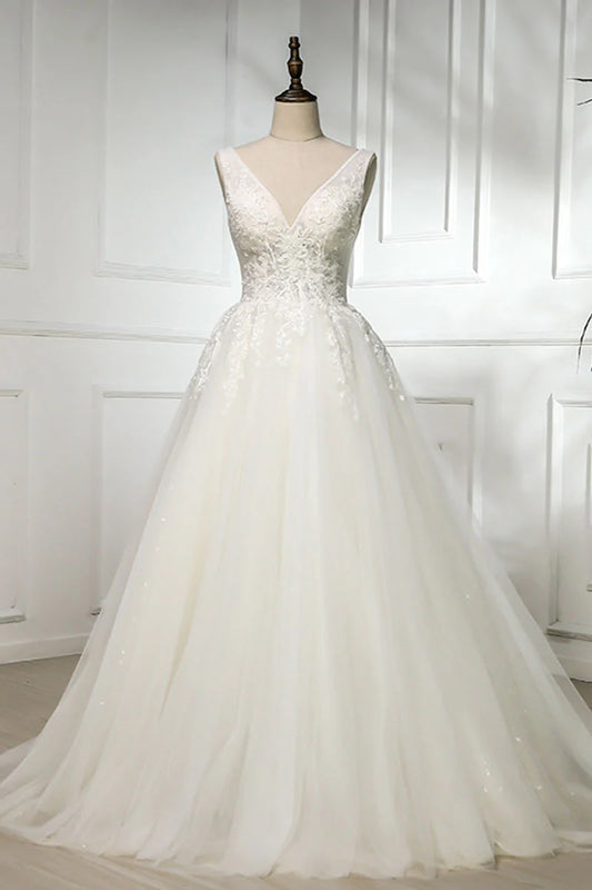 V neck lace tulle long prom dress