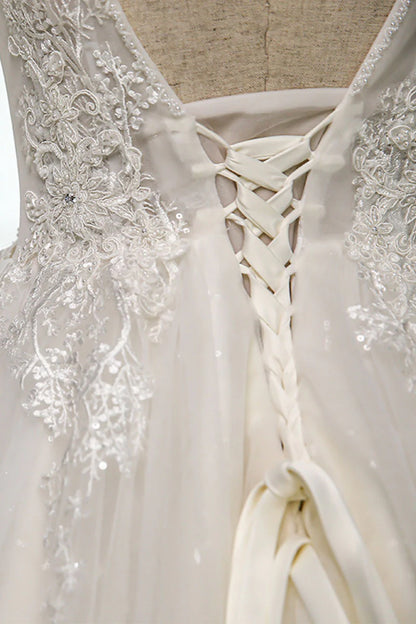V neck lace tulle long prom dress