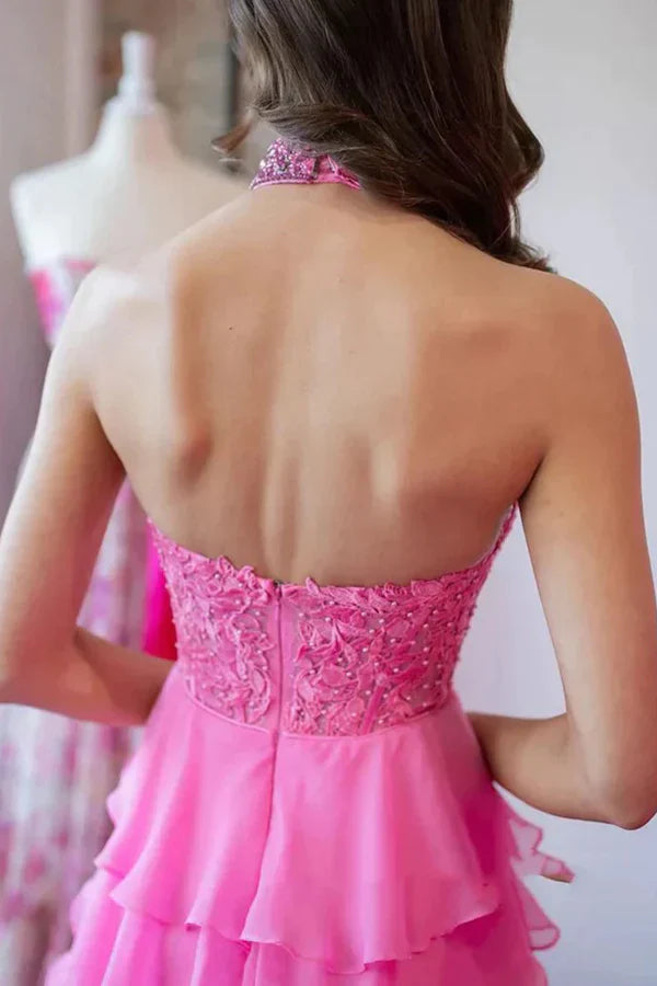 A Line Halter Neck Beaded Lace Long Prom Dresses