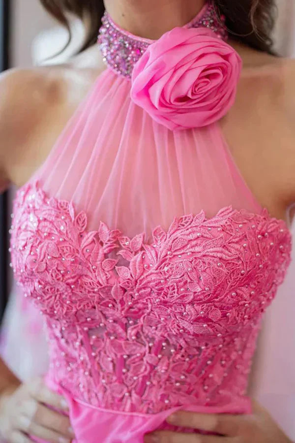 A Line Halter Neck Beaded Lace Long Prom Dresses