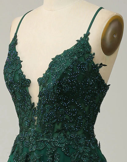 A-Linie Tüll Spaghettiträger Applikationen Langes Ballkleid mit Schlitz