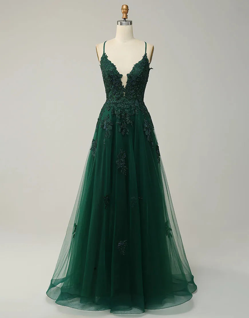 Vestido de fiesta largo con abertura, tirantes finos, apliques y tul en forma de A