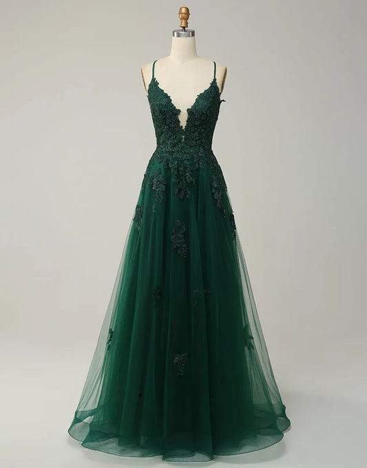 A-Linie Tüll Spaghettiträger Applikationen Langes Ballkleid mit Schlitz