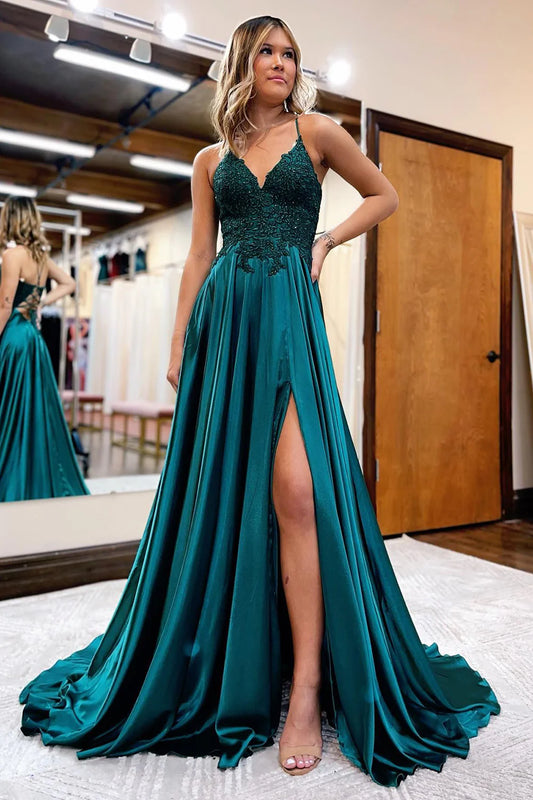 A Line Spaghetti Straps Long Prom Dress with Appliques