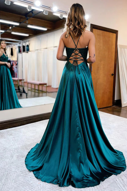 A Line Spaghetti Straps Long Prom Dress with Appliques