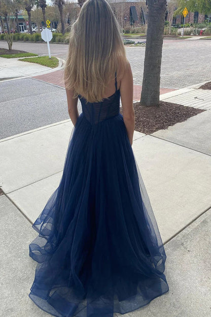 A Line Spaghetti Straps Long Tulle Prom Dress