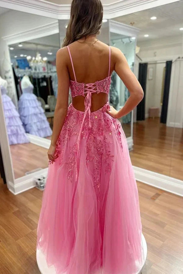 A Line V Neck Lace Long Prom Dresses with Slit