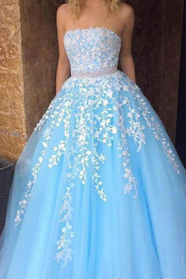 A-line Princess Lace Appliqued Tulle Long Strapless Prom Dresses