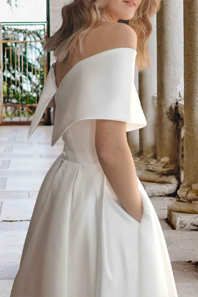 Bridal Shower Little Off The Shoulder Tea-Length Wedding Dress With Satin