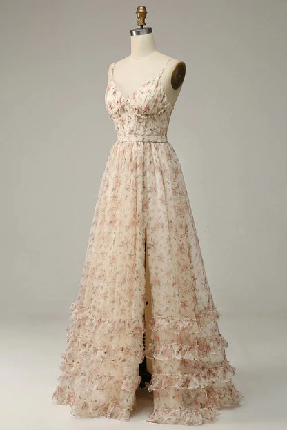 A-Linie Spaghettiträger Bodenlanges Ballkleid mit Schlitz