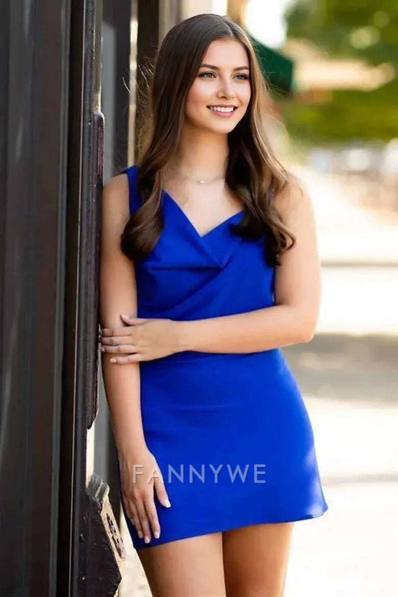 FannyWe Simple Asymmetrical Royal Blue Neck Cowl Neck Bodycon Short Cocktail Dress formal wear dresses
