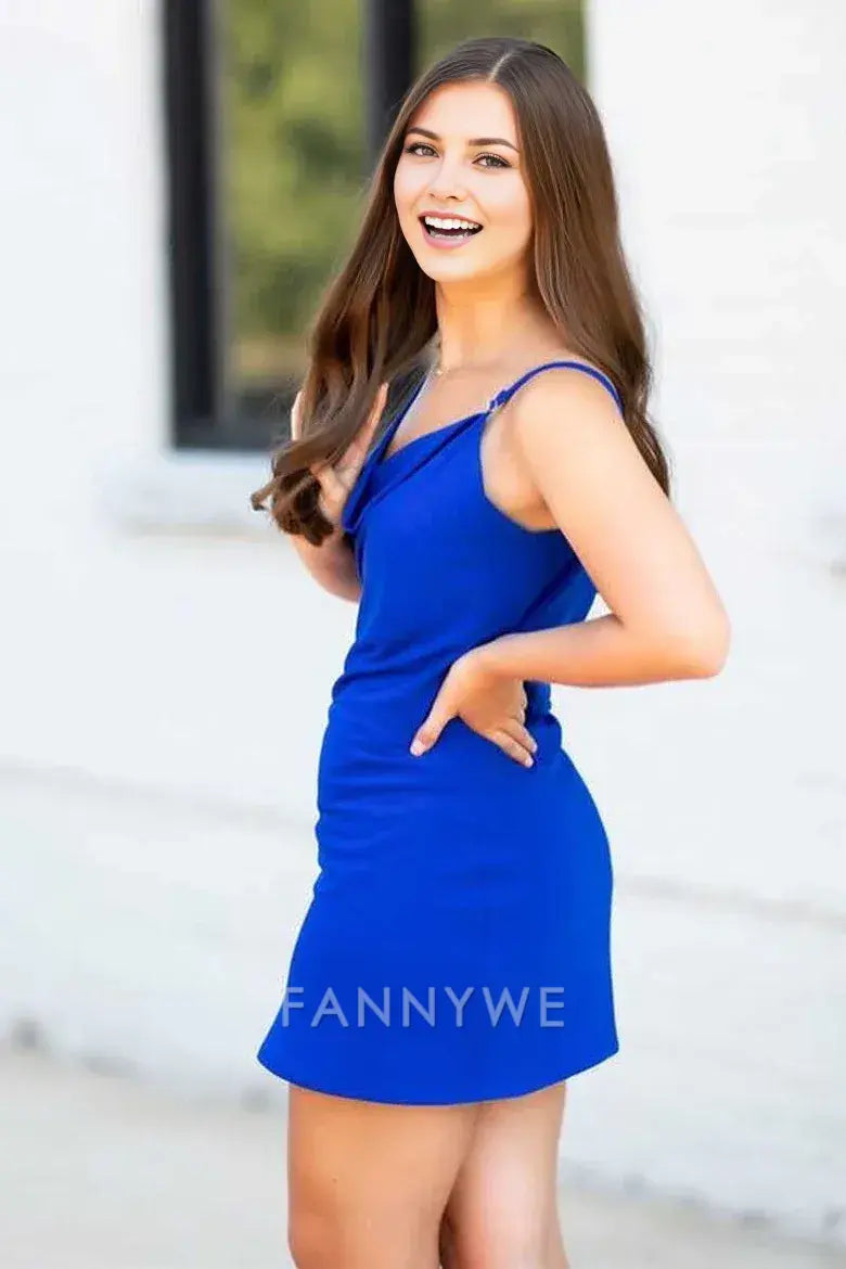 FannyWe Simple Asymmetrical Royal Blue Neck Cowl Neck Bodycon Short Cocktail Dress formal wear dresses