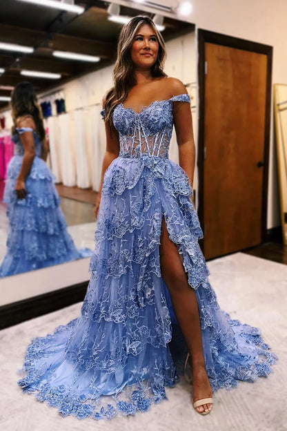 A-line Goegeous Off The Shoulder Long Tiered Prom Dress With Appliques