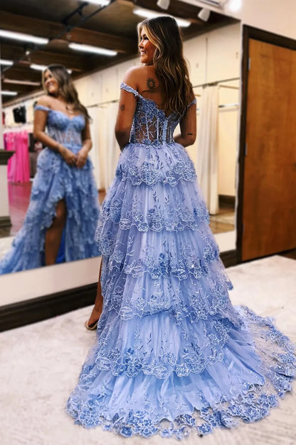 A-line Goegeous Off The Shoulder Long Tiered Prom Dress With Appliques
