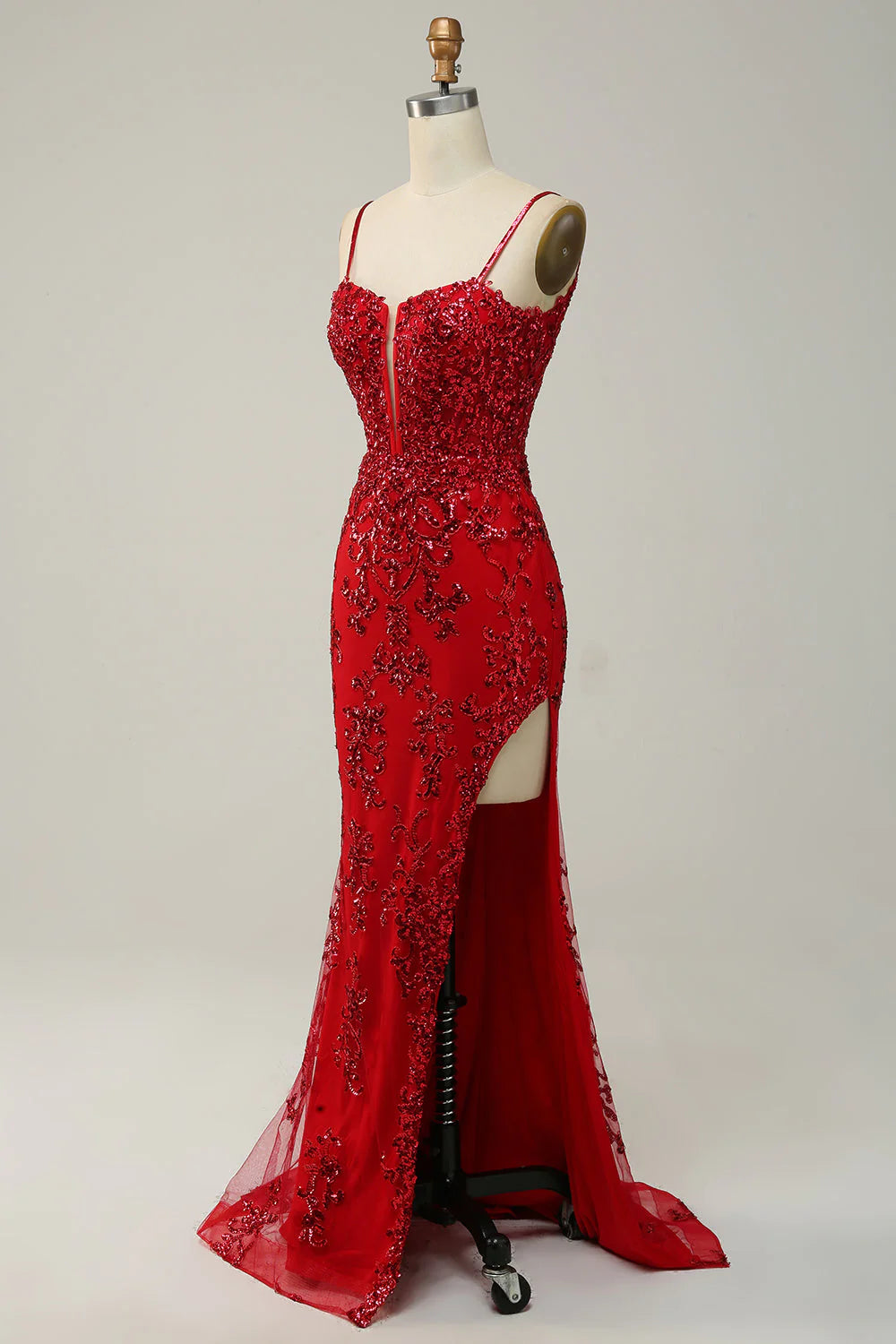 Vestido de fiesta largo de sirena con tirantes finos y lentejuelas azul real con abertura frontal