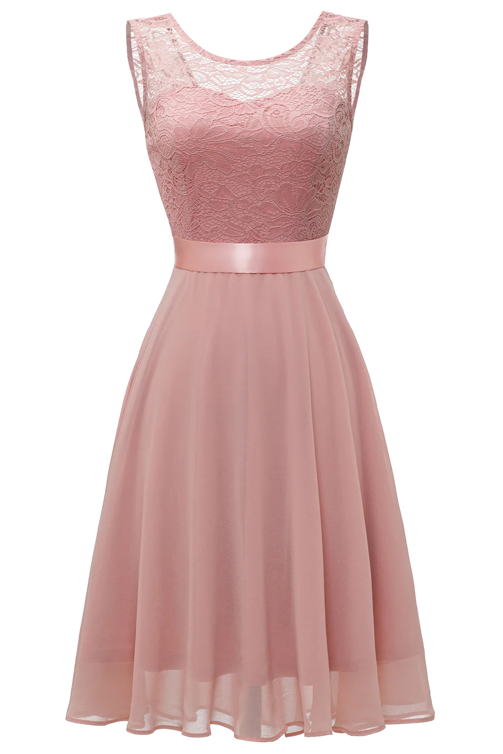 Blush Round Neck Lace Dress with Open Back