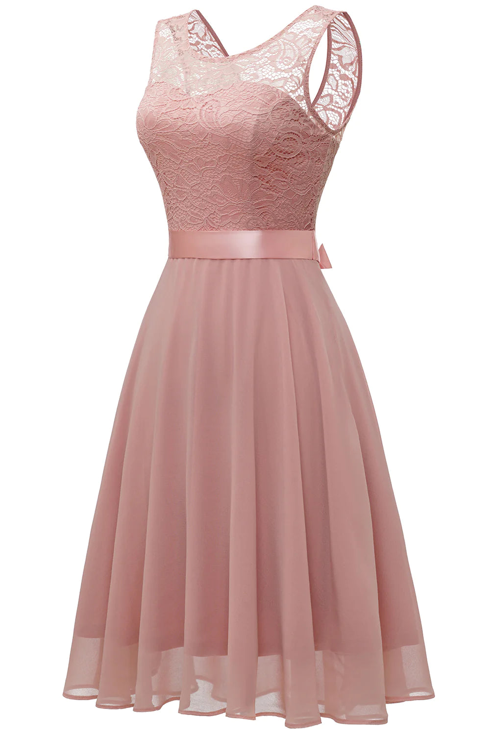 Blush Round Neck Lace Dress with Open Back