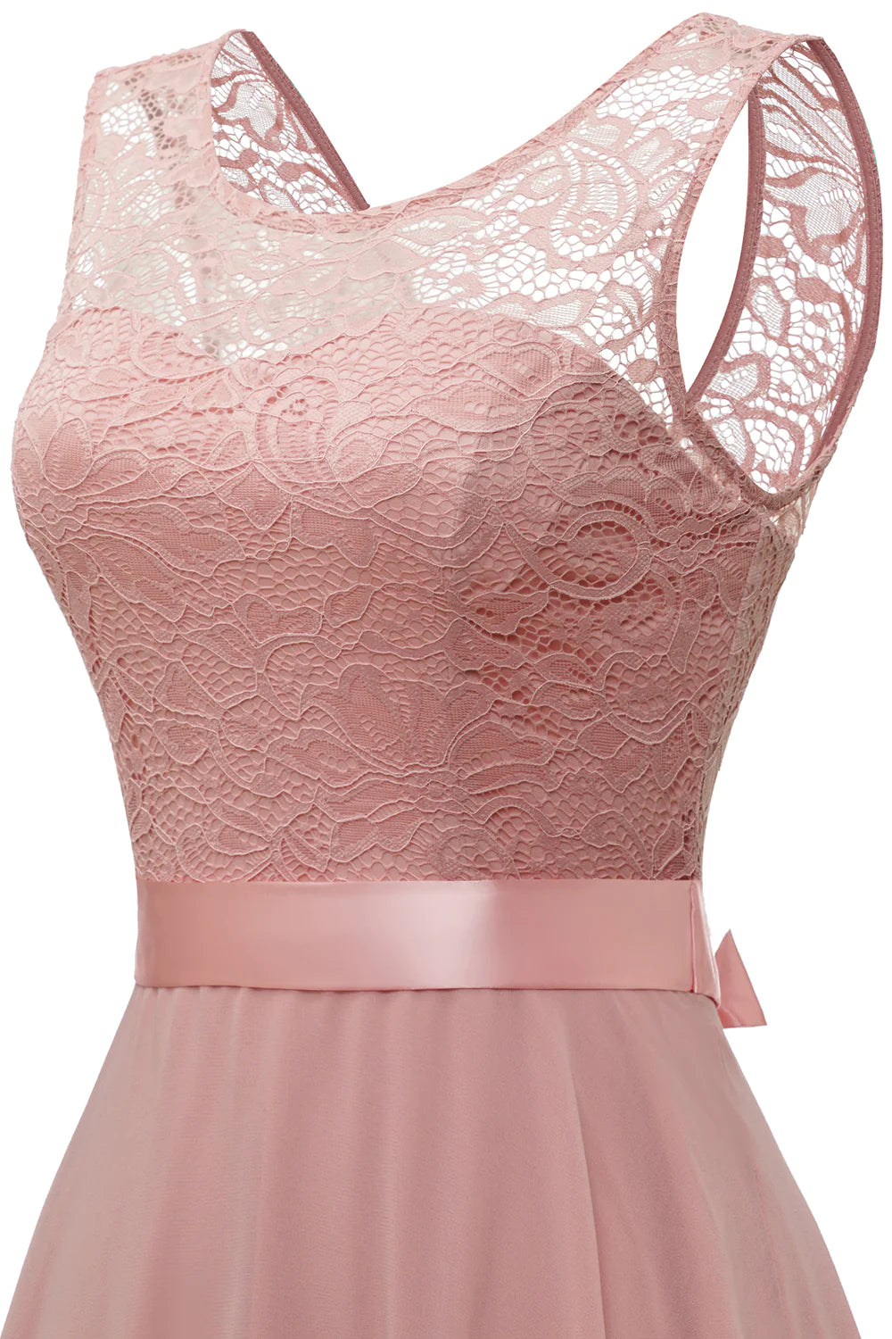Blush Round Neck Lace Dress with Open Back