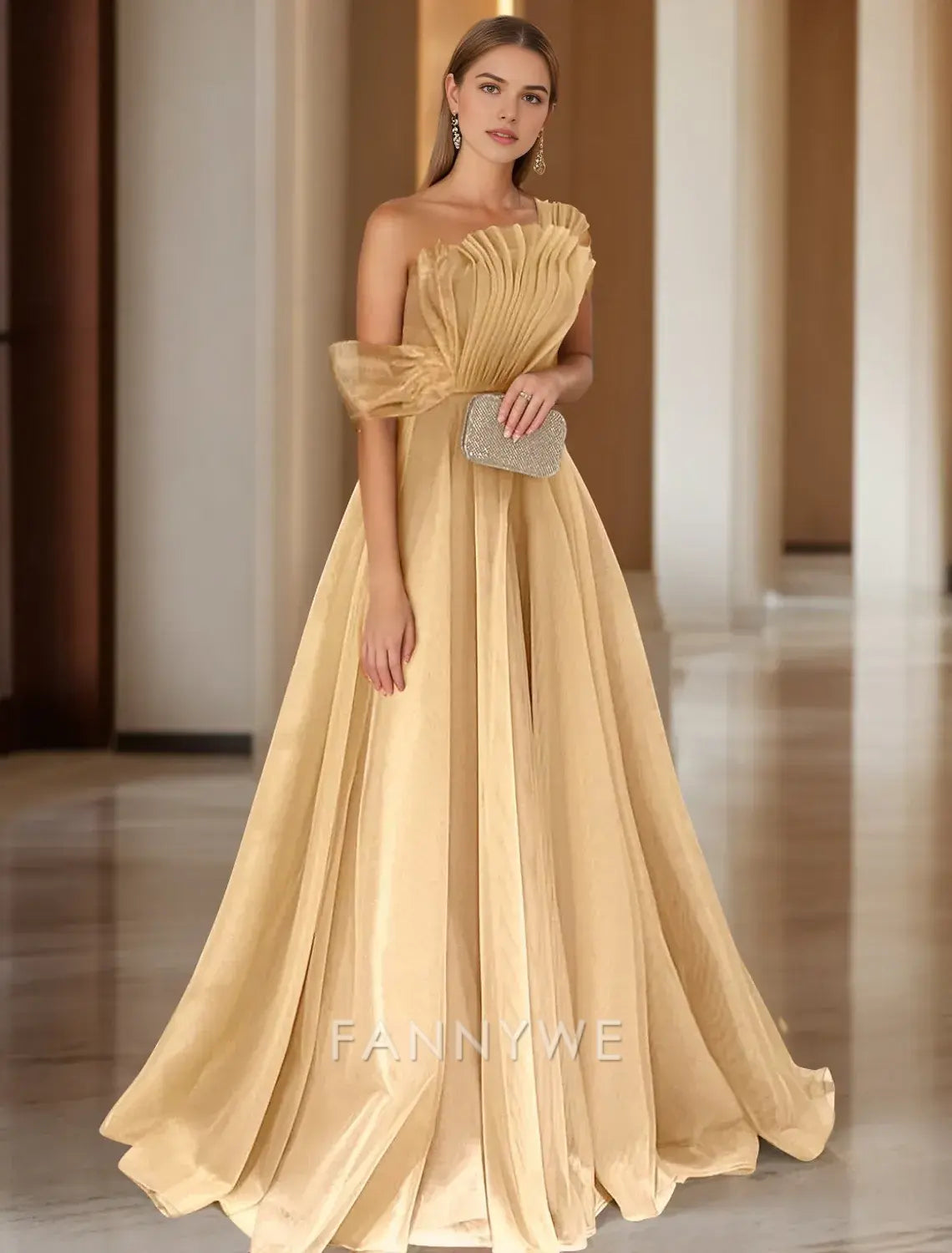 FannyWe Simple Ball Gown Prom Dresses Elegant Dress Wedding Black Tie Court Train Sleeveless One Shoulder Organza with Ruched