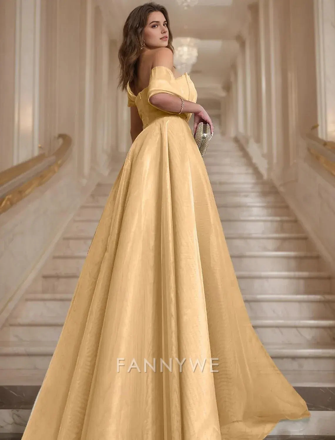 FannyWe Simple Ball Gown Prom Dresses Elegant Dress Wedding Black Tie Court Train Sleeveless One Shoulder Organza with Ruched