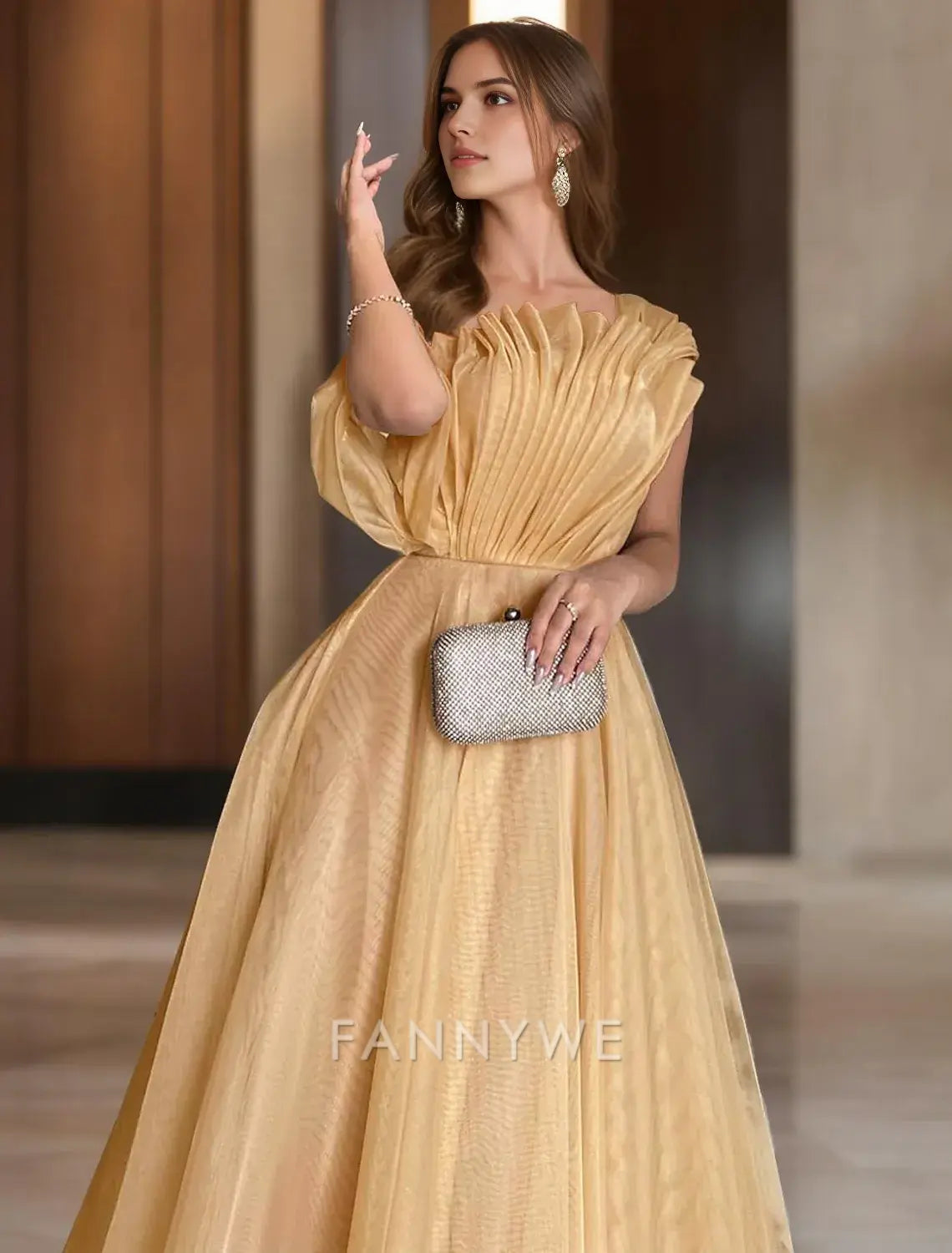 FannyWe Simple Ball Gown Prom Dresses Elegant Dress Wedding Black Tie Court Train Sleeveless One Shoulder Organza with Ruched