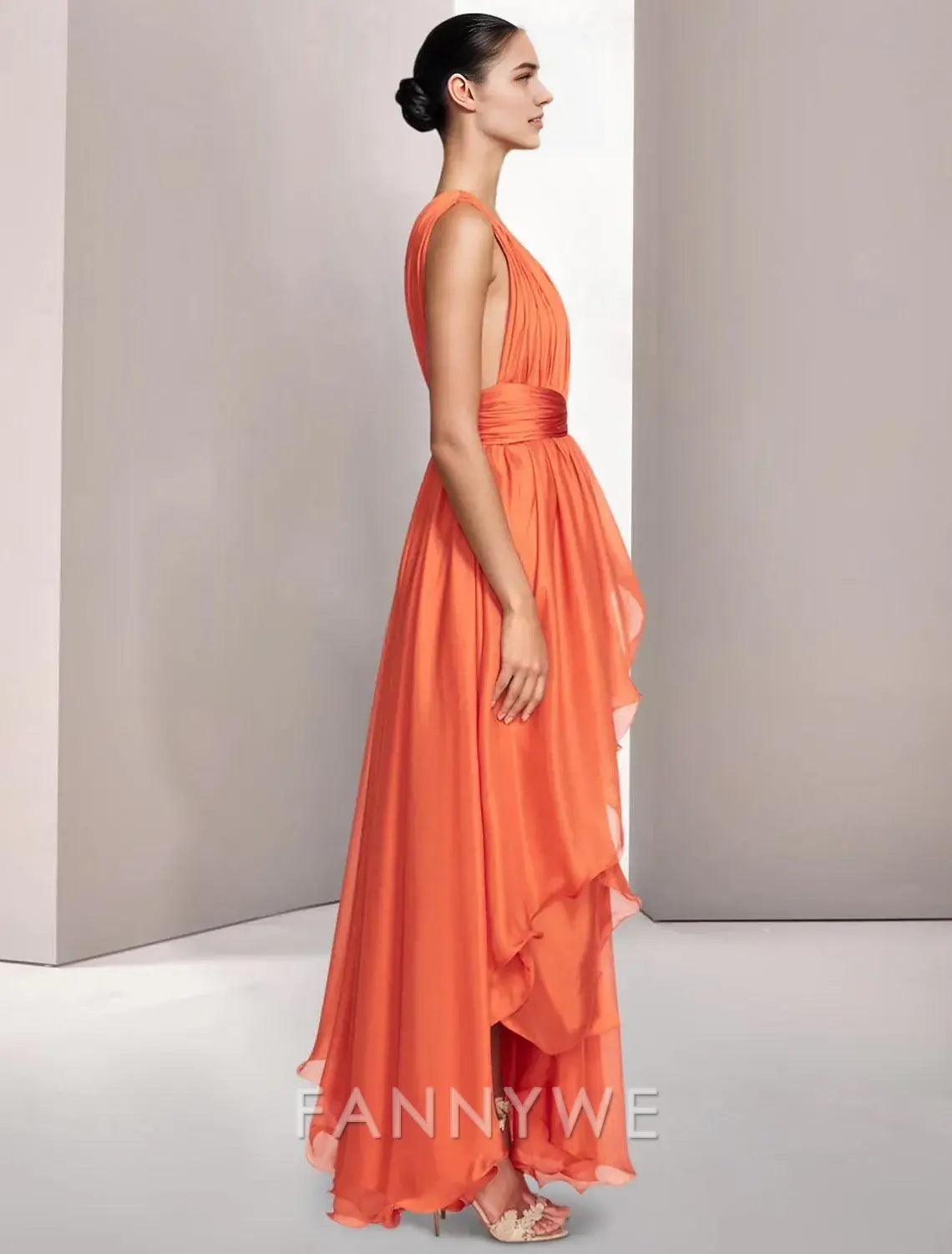 FannyWe Simple Beach Wedding A-Line Prom Dresses Elegant Dress Formal Summer Asymmetrical Sleeveless V Neck Chiffon with Ruched