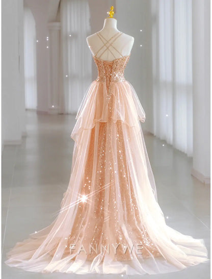 FannyWe Simple Beach Wedding A-Line Prom Dresses Sparkle & Shine Dress Wedding Guest Sweet 16 Floor Length Sleeveless Sweetheart Tulle with Sequin Masquerade Dress