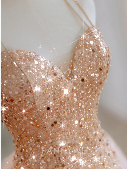FannyWe Simple Beach Wedding A-Line Prom Dresses Sparkle & Shine Dress Wedding Guest Sweet 16 Floor Length Sleeveless Sweetheart Tulle with Sequin Masquerade Dress