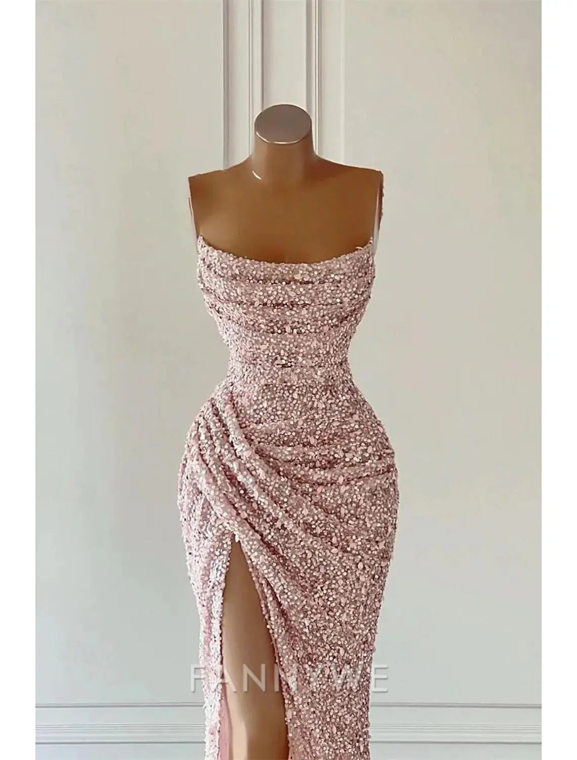 FannyWe Simple Beach Wedding Pink Sheath Sequin Prom Dresses Elegant Dress Formal Prom Floor Length Sleeveless Strapless Masquerade Dress